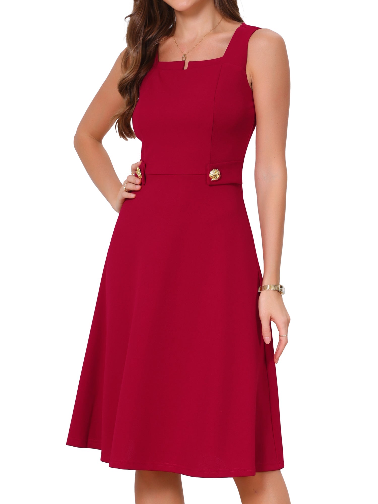 Square Neck Sleeveless Office Formal Work A-Line Dress