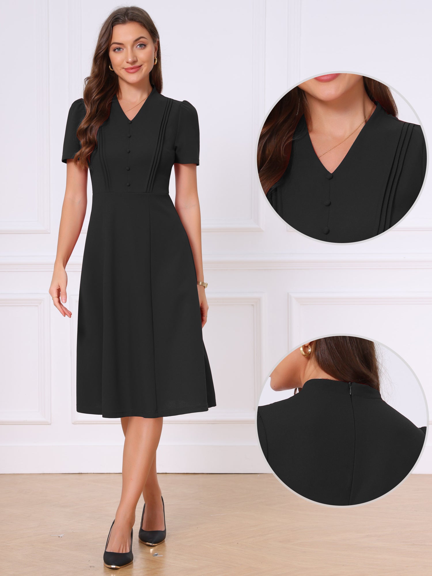 Short Sleeve V Neck Button Decro A-Line Business Casual Dress