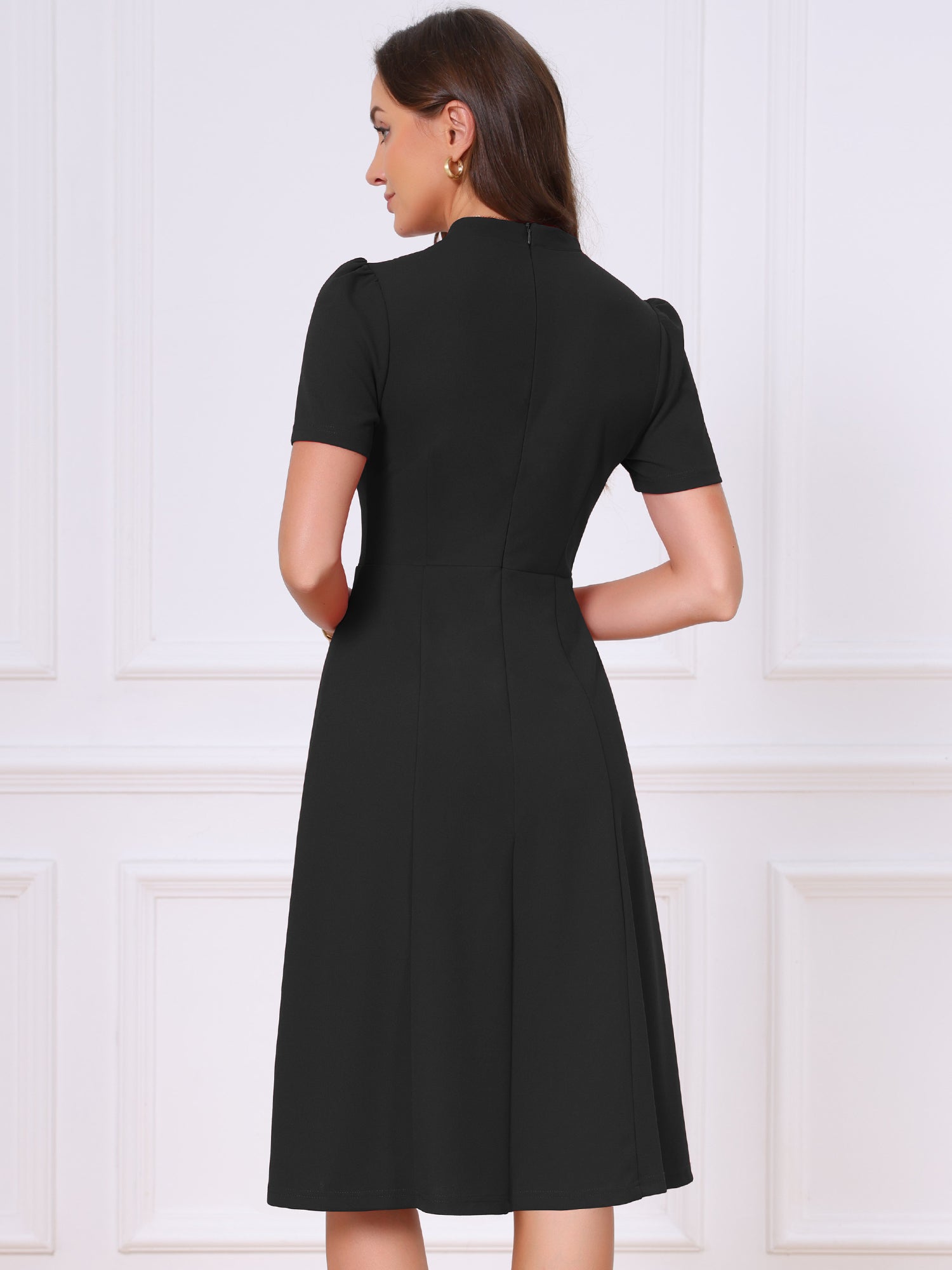 Short Sleeve V Neck Button Decro A-Line Business Casual Dress