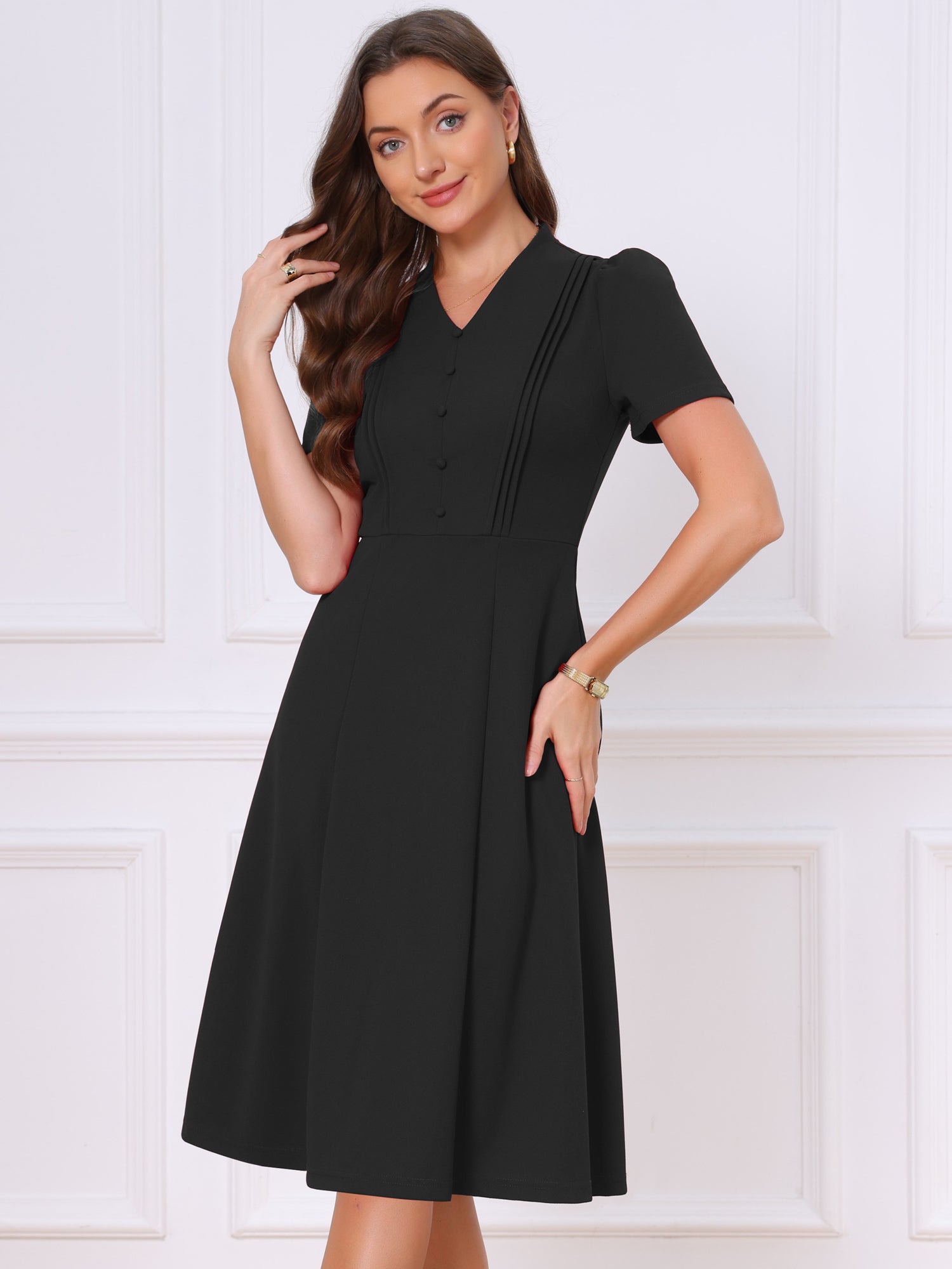 Short Sleeve V Neck Button Decro A-Line Business Casual Dress