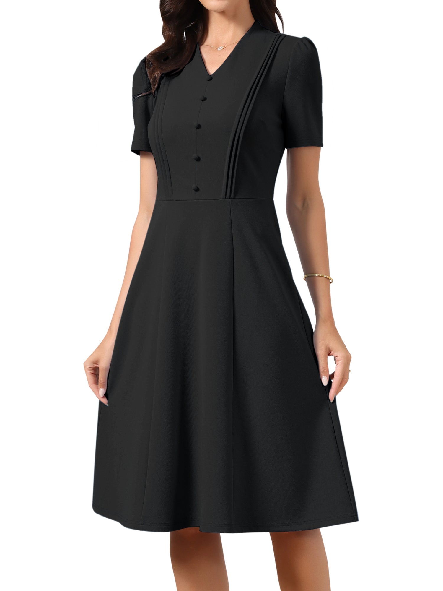 Short Sleeve V Neck Button Decro A-Line Business Casual Dress