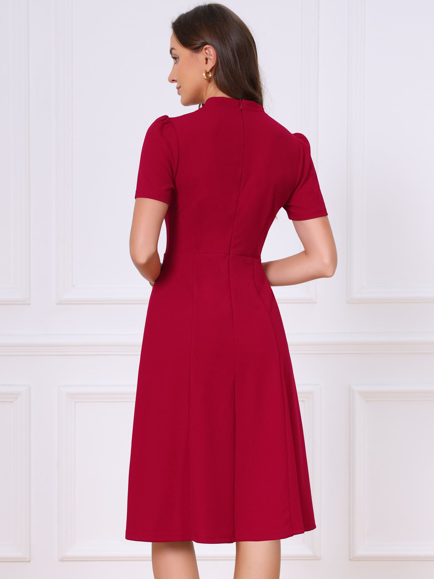 Short Sleeve V Neck Button Decro A-Line Business Casual Dress