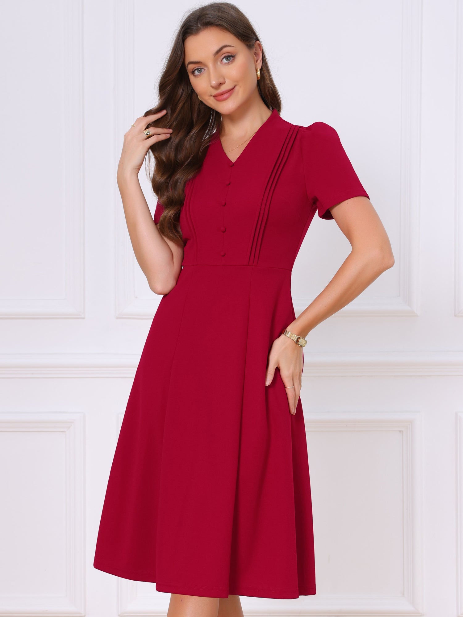 Short Sleeve V Neck Button Decro A-Line Business Casual Dress