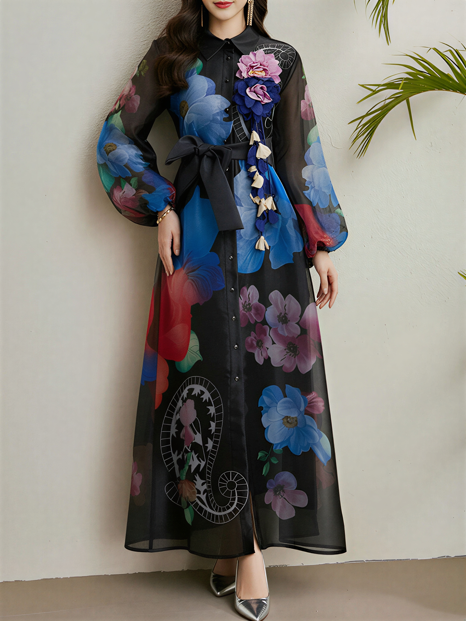 Detachale 3D Flower Lantern Sleeves Floral Print Maxi Dress