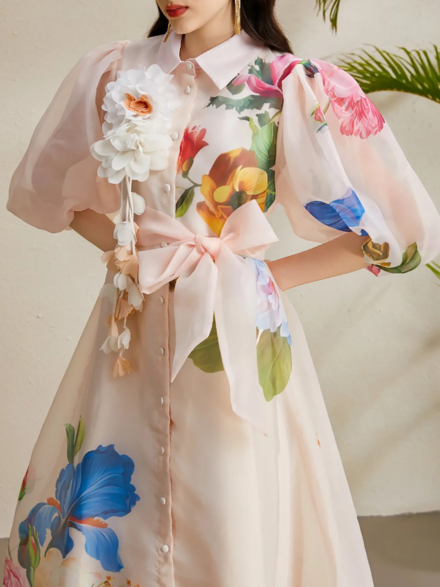 Detachable 3D Flower Mesh Floral Print Puff Sleeves Dress