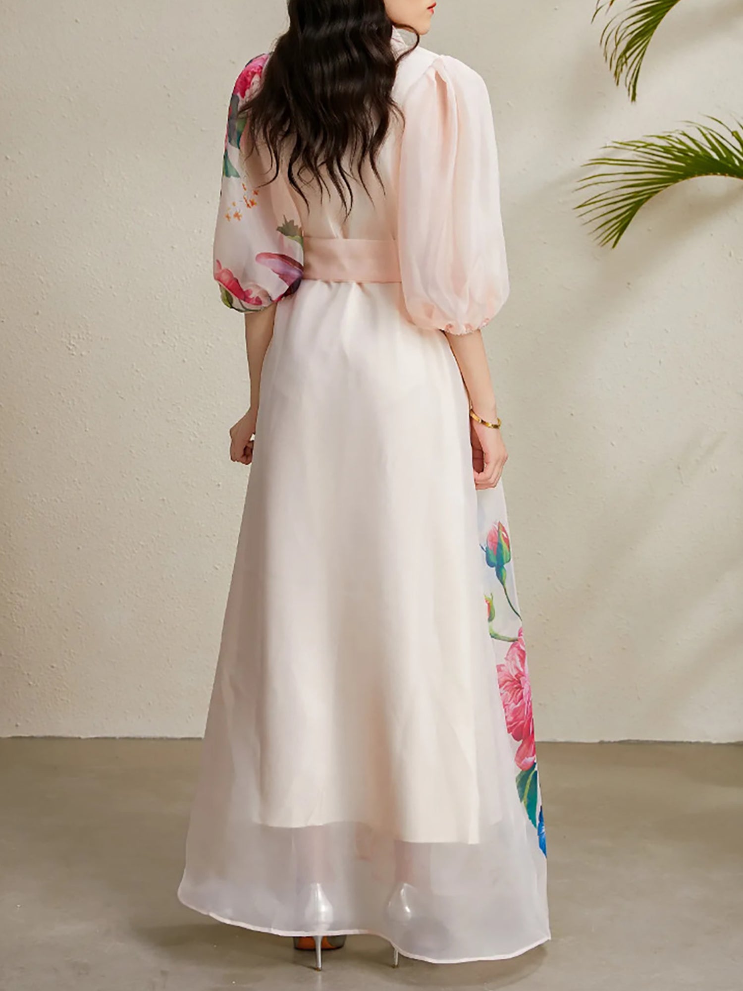 Detachable 3D Flower Mesh Floral Print Puff Sleeves Dress