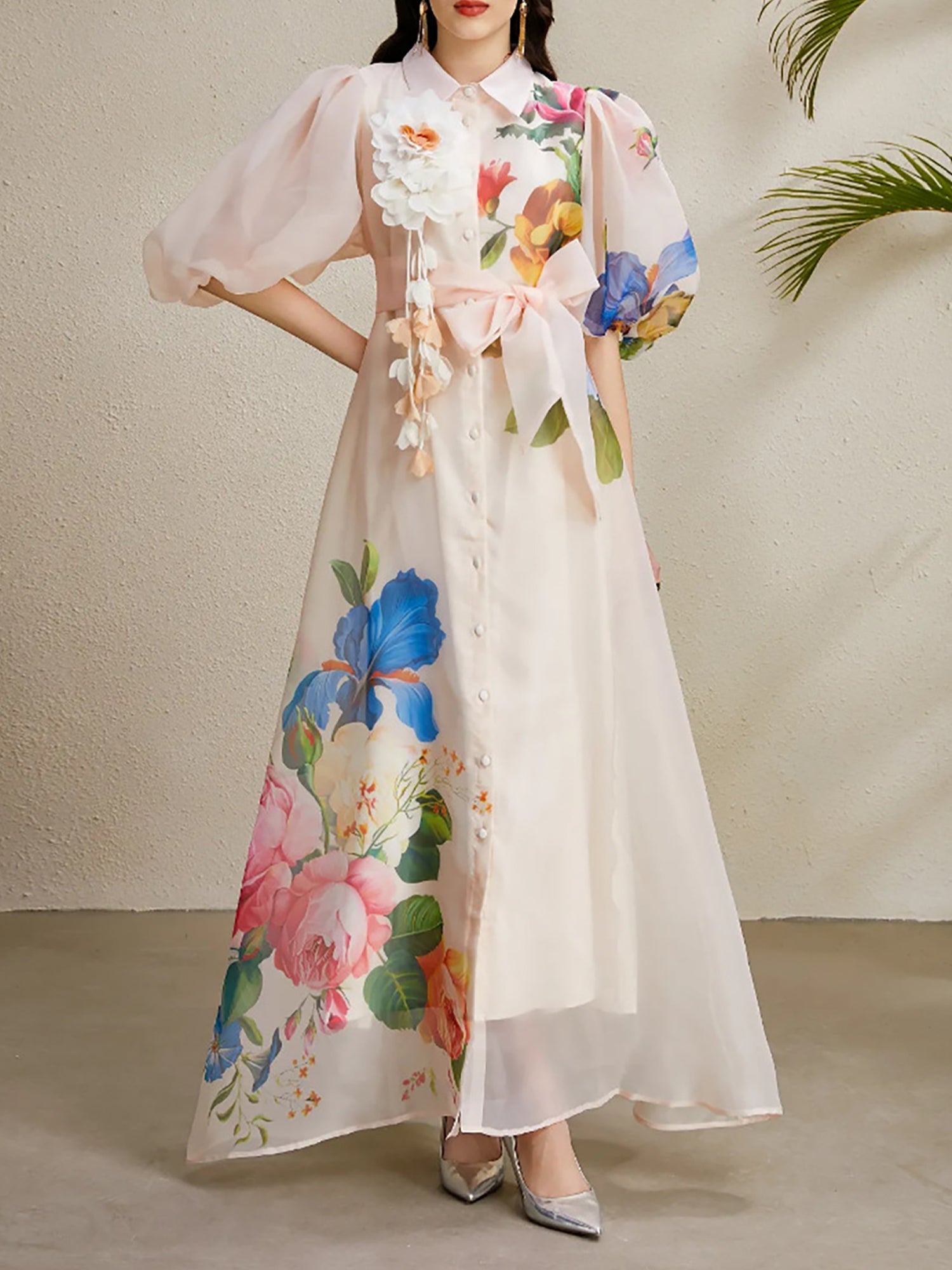 Detachable 3D Flower Mesh Floral Print Puff Sleeves Dress
