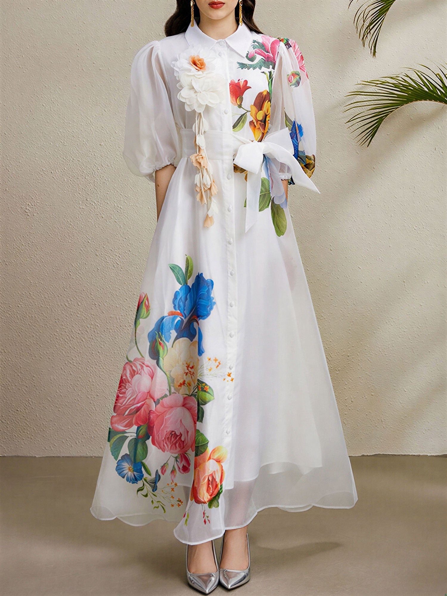Detachable 3D Flower Mesh Floral Print Puff Sleeves Dress