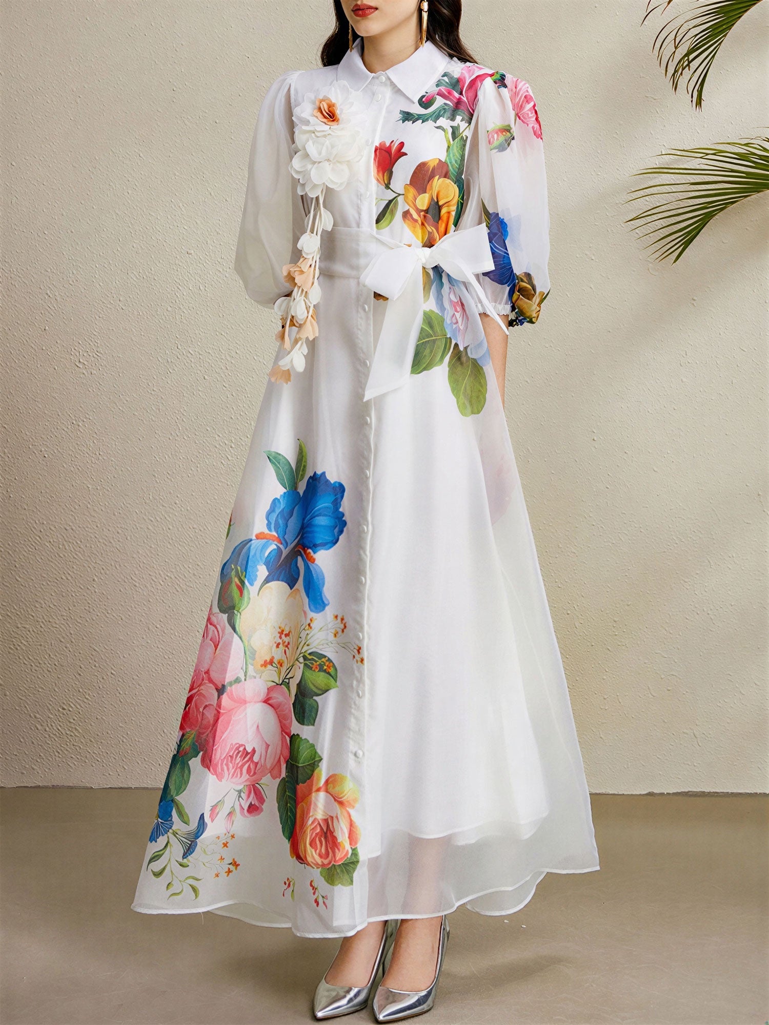 Detachable 3D Flower Mesh Floral Print Puff Sleeves Dress
