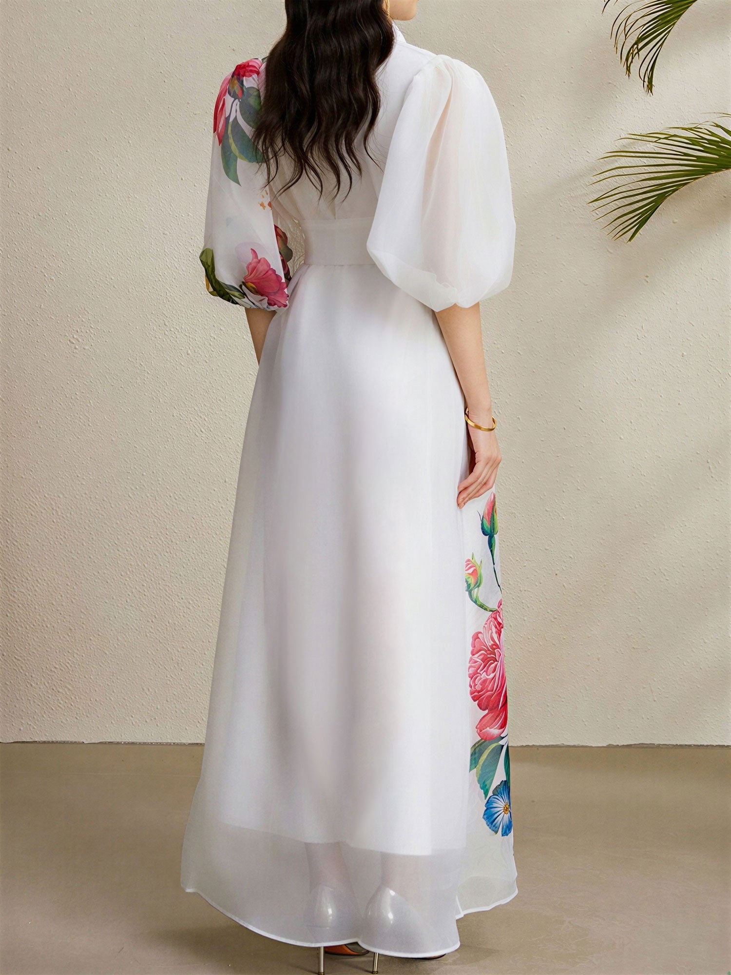 Detachable 3D Flower Mesh Floral Print Puff Sleeves Dress