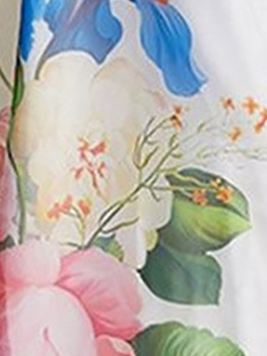 Detachable 3D Flower Mesh Floral Print Puff Sleeves Dress