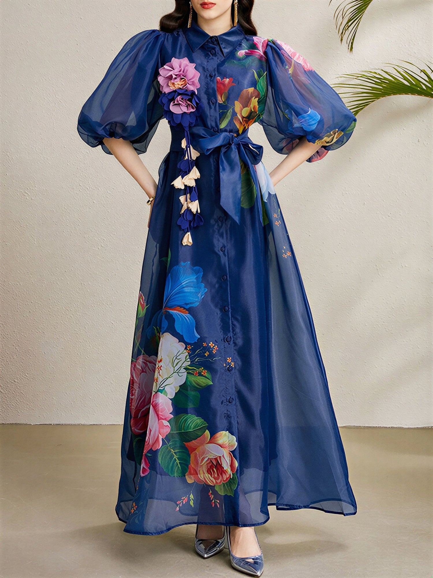 Detachable 3D Flower Mesh Floral Print Puff Sleeves Dress