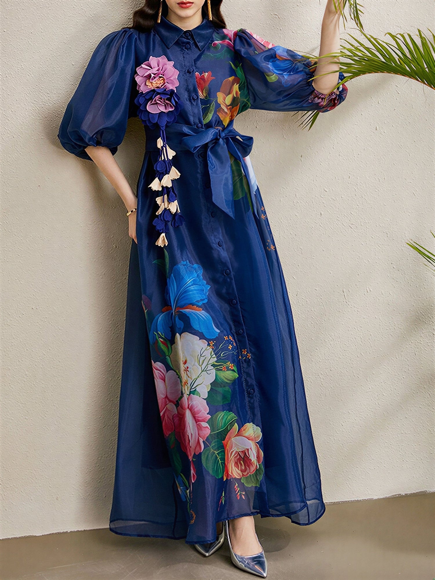 Detachable 3D Flower Mesh Floral Print Puff Sleeves Dress