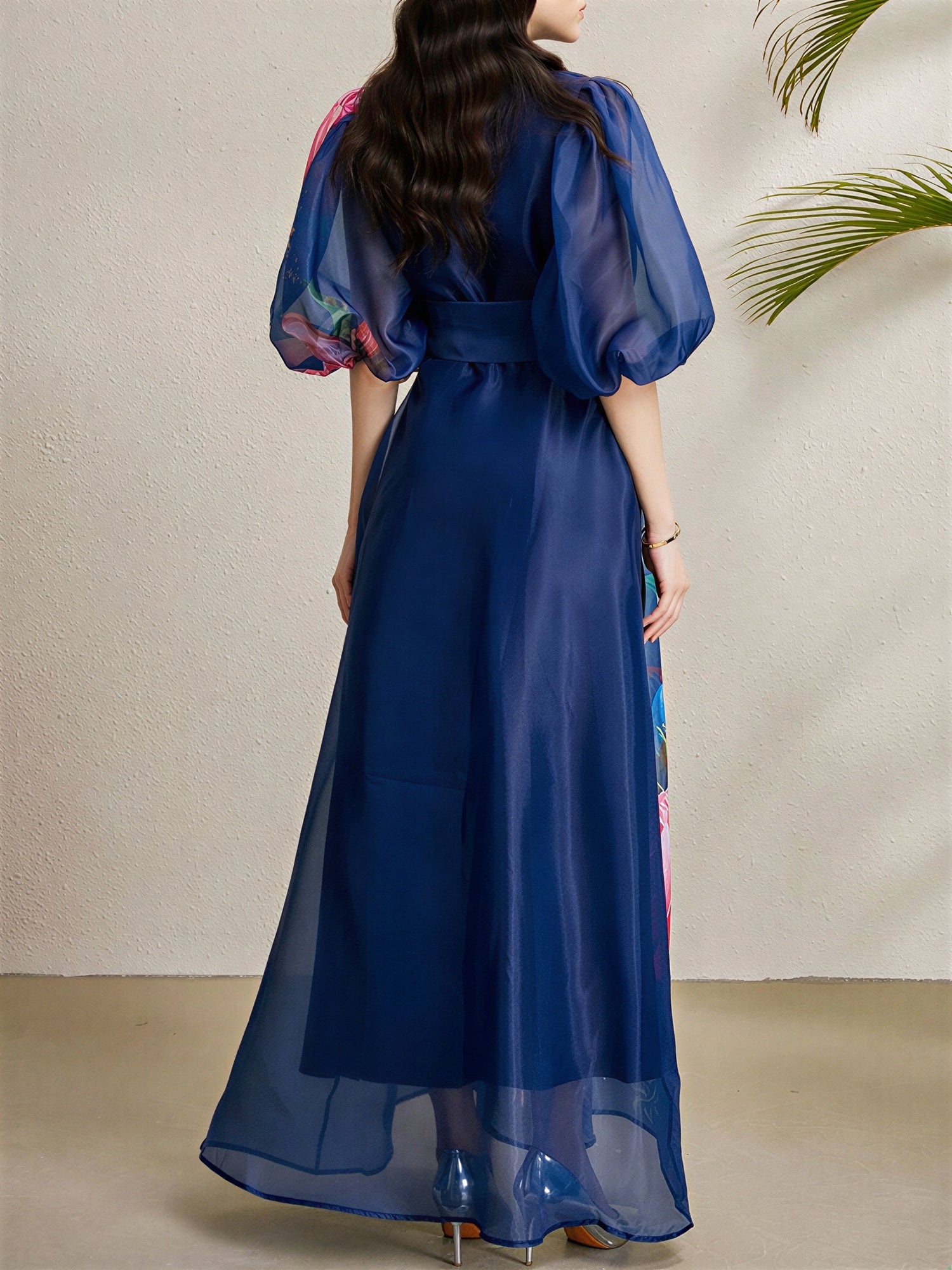 Detachable 3D Flower Mesh Floral Print Puff Sleeves Dress