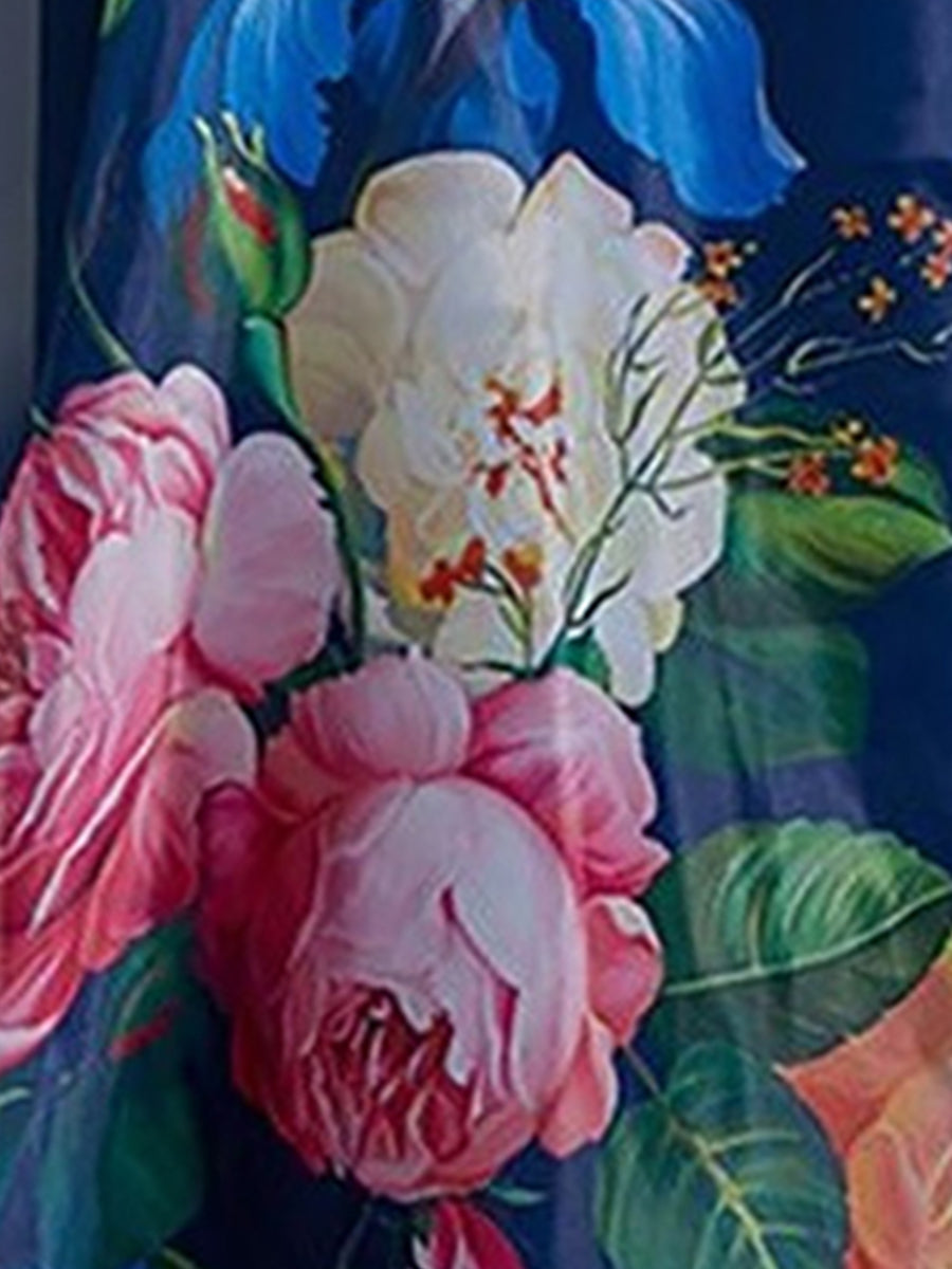 Detachable 3D Flower Mesh Floral Print Puff Sleeves Dress