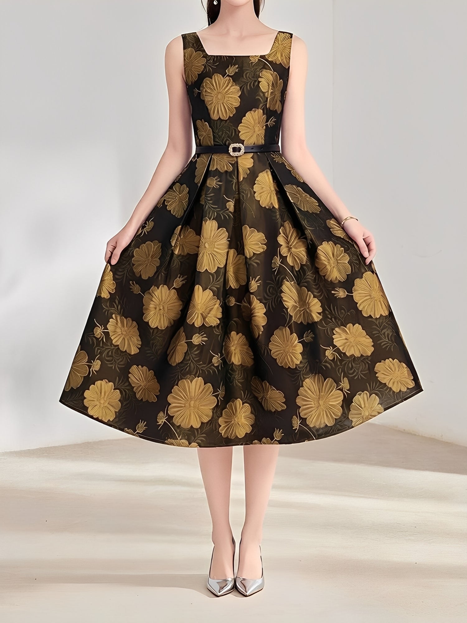 Floral Jacquard Sleeveless A-Line Belted Midi Dress
