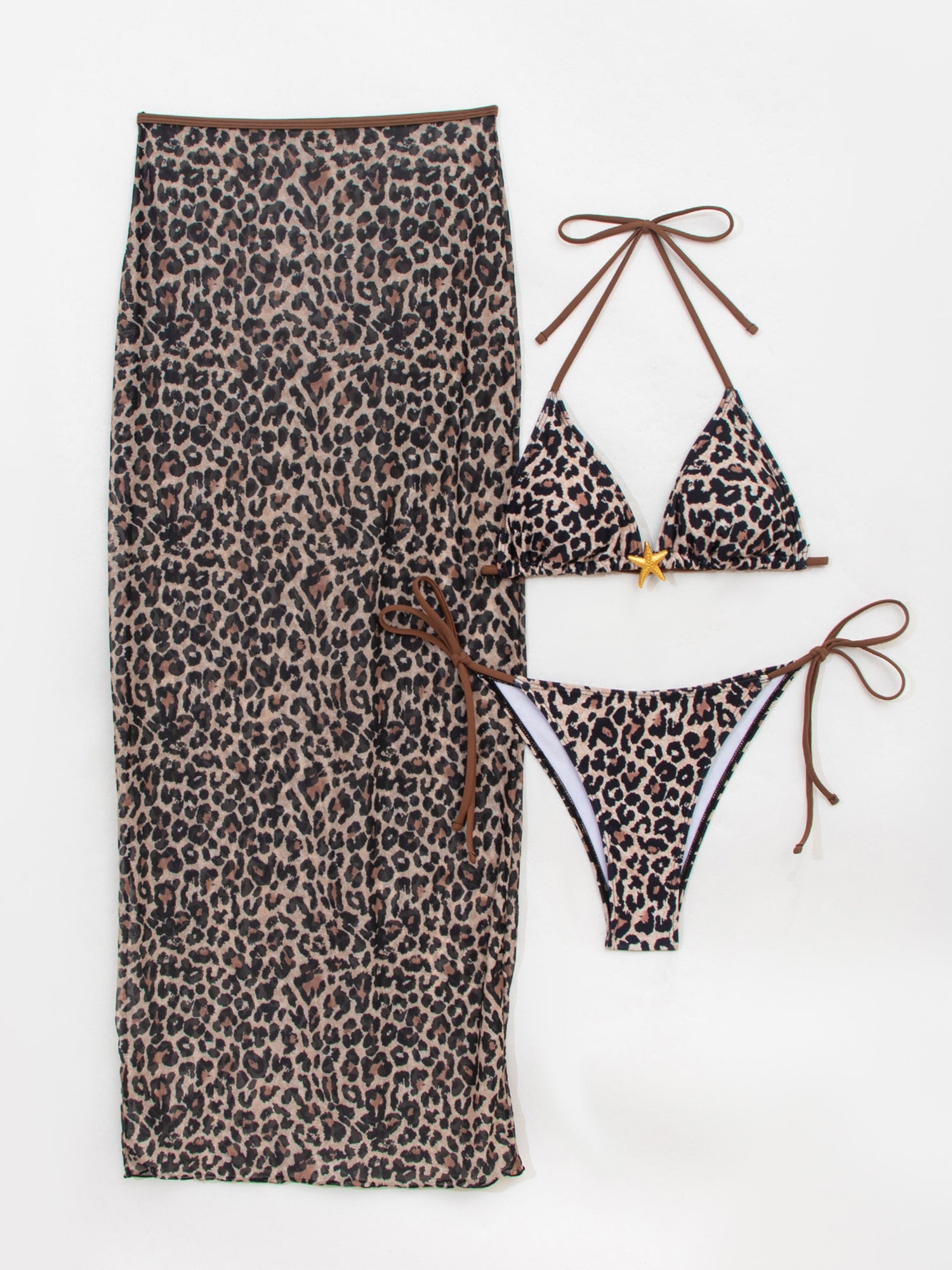 3 Pieces Floral Leopard Halter Neck Bikinis & Maxi Bodycon Skirt Cover-Up Beachwear Set