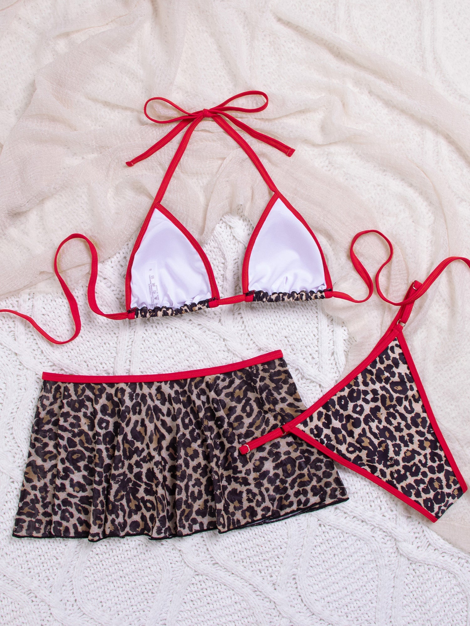 3 Pieces Swimsuit Set Leopard Print Triangle Bikini and Cover-up Skirt