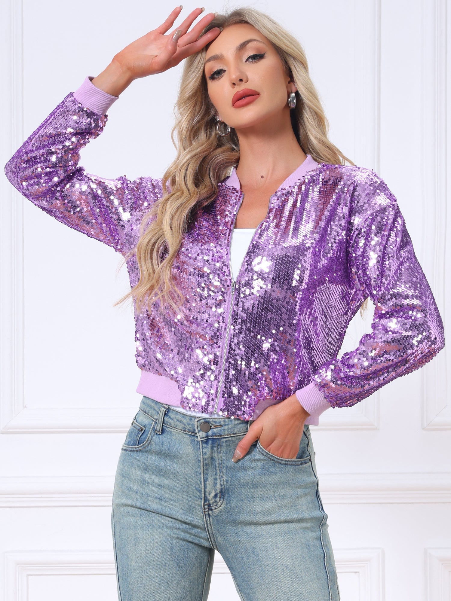 Sequin Sparkle Party Long Sleeve Zipper Bomber Jacket