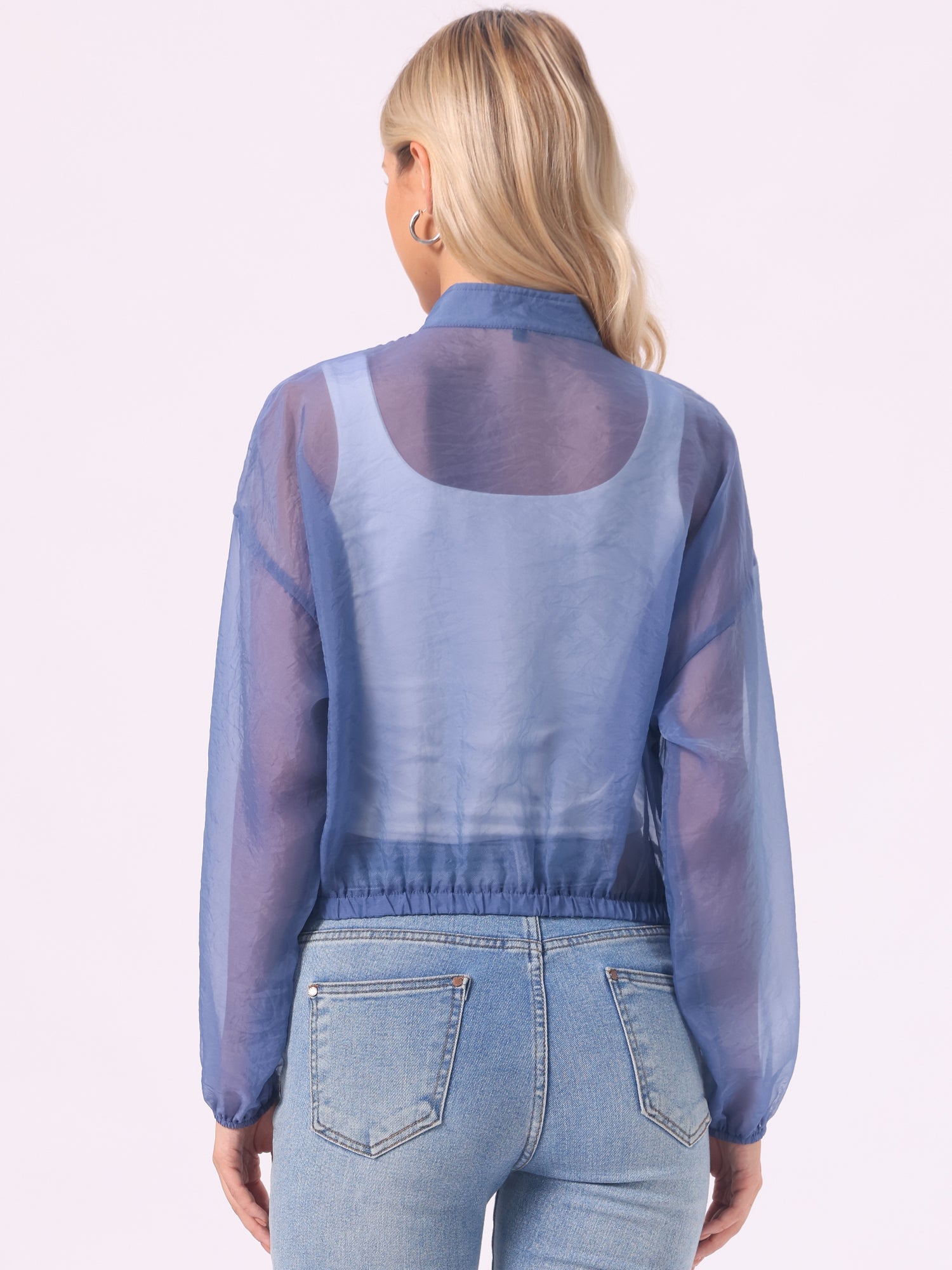 Sheer Zip Up Long Sleeve See Through Bomber Jacket