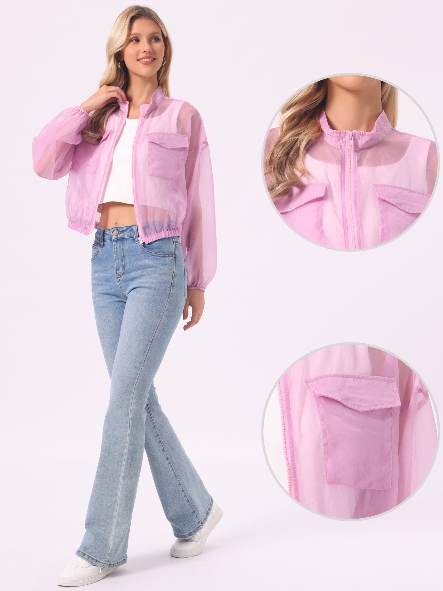 Sheer Zip Up Long Sleeve See Through Bomber Jacket