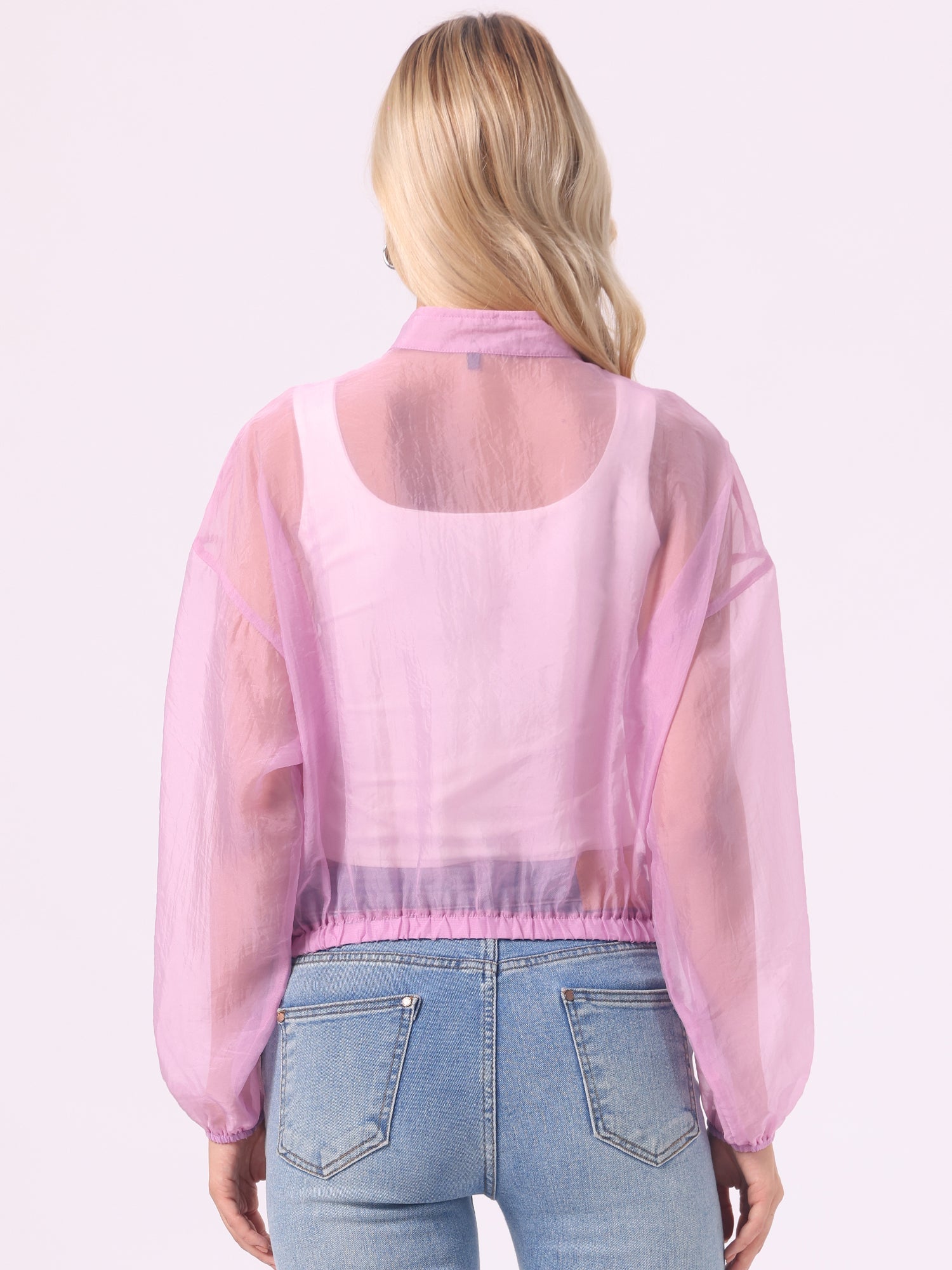Sheer Zip Up Long Sleeve See Through Bomber Jacket