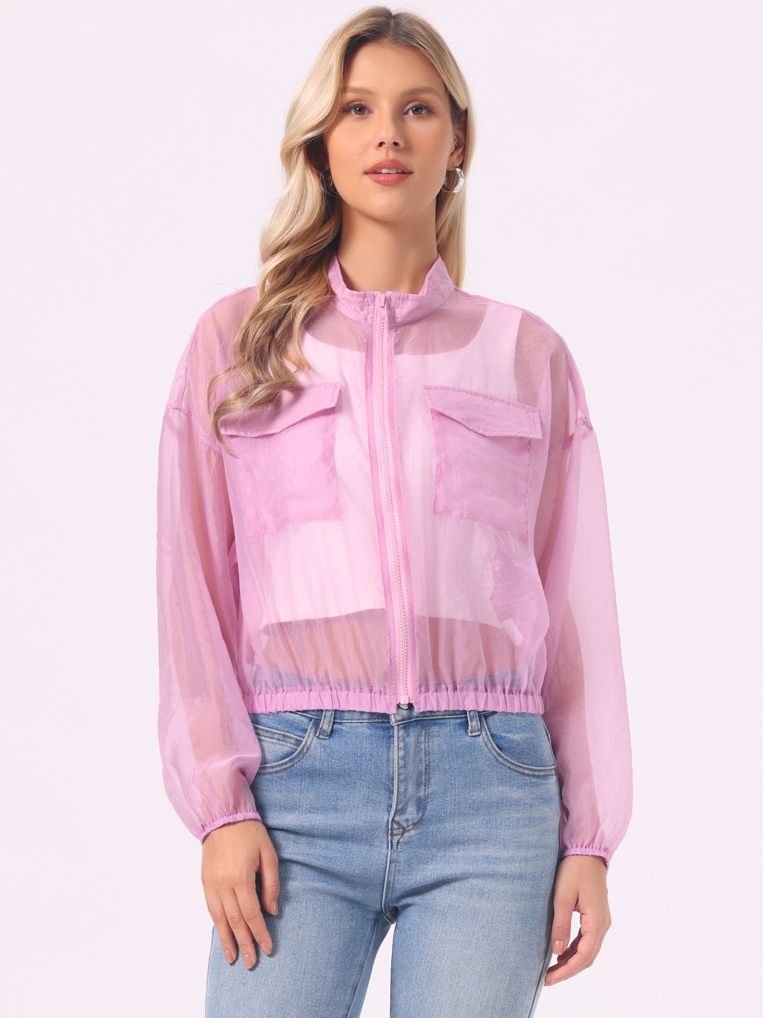 Sheer Zip Up Long Sleeve See Through Bomber Jacket