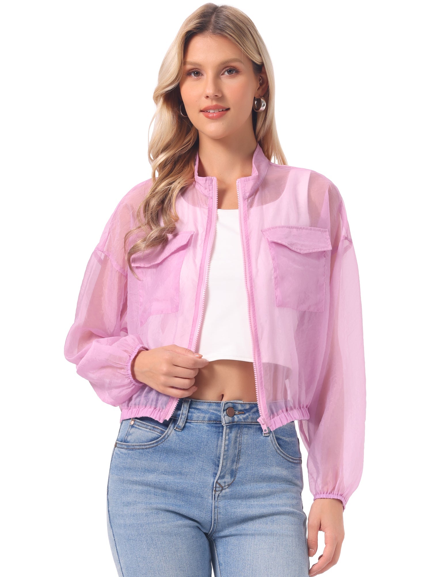 Sheer Zip Up Long Sleeve See Through Bomber Jacket