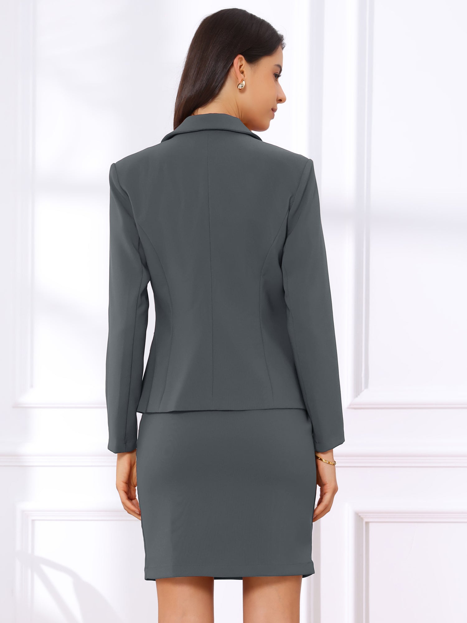 2 Pieces Collared Button Down Blazer & Pencil Midi Skirt Suit Set