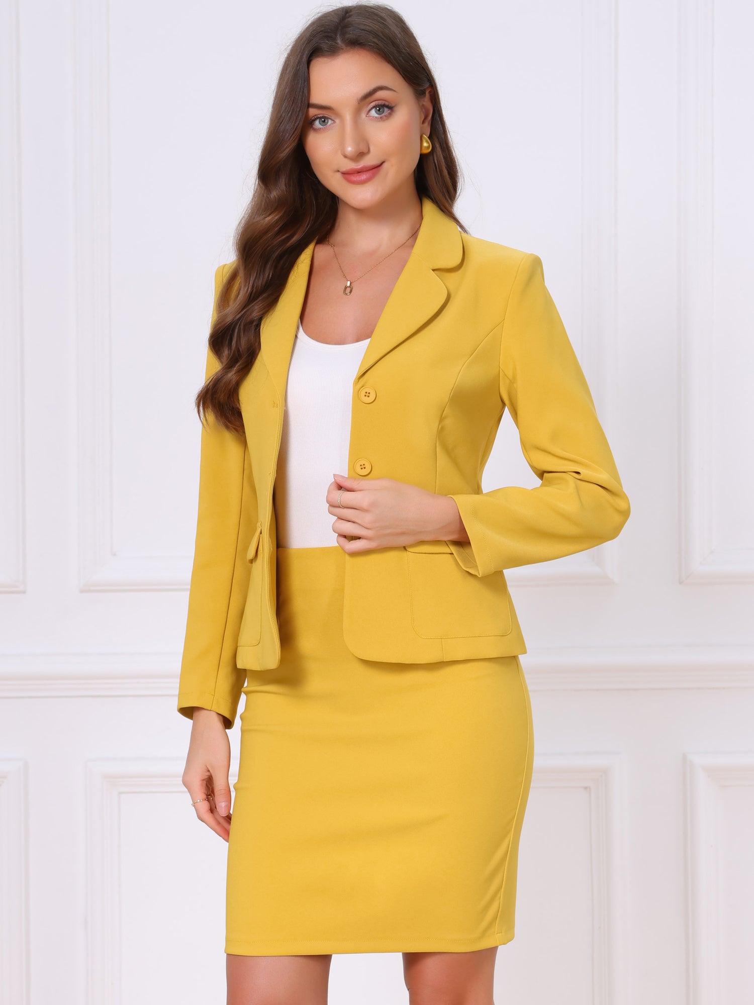 2 Pieces Collared Button Down Blazer & Pencil Midi Skirt Suit Set