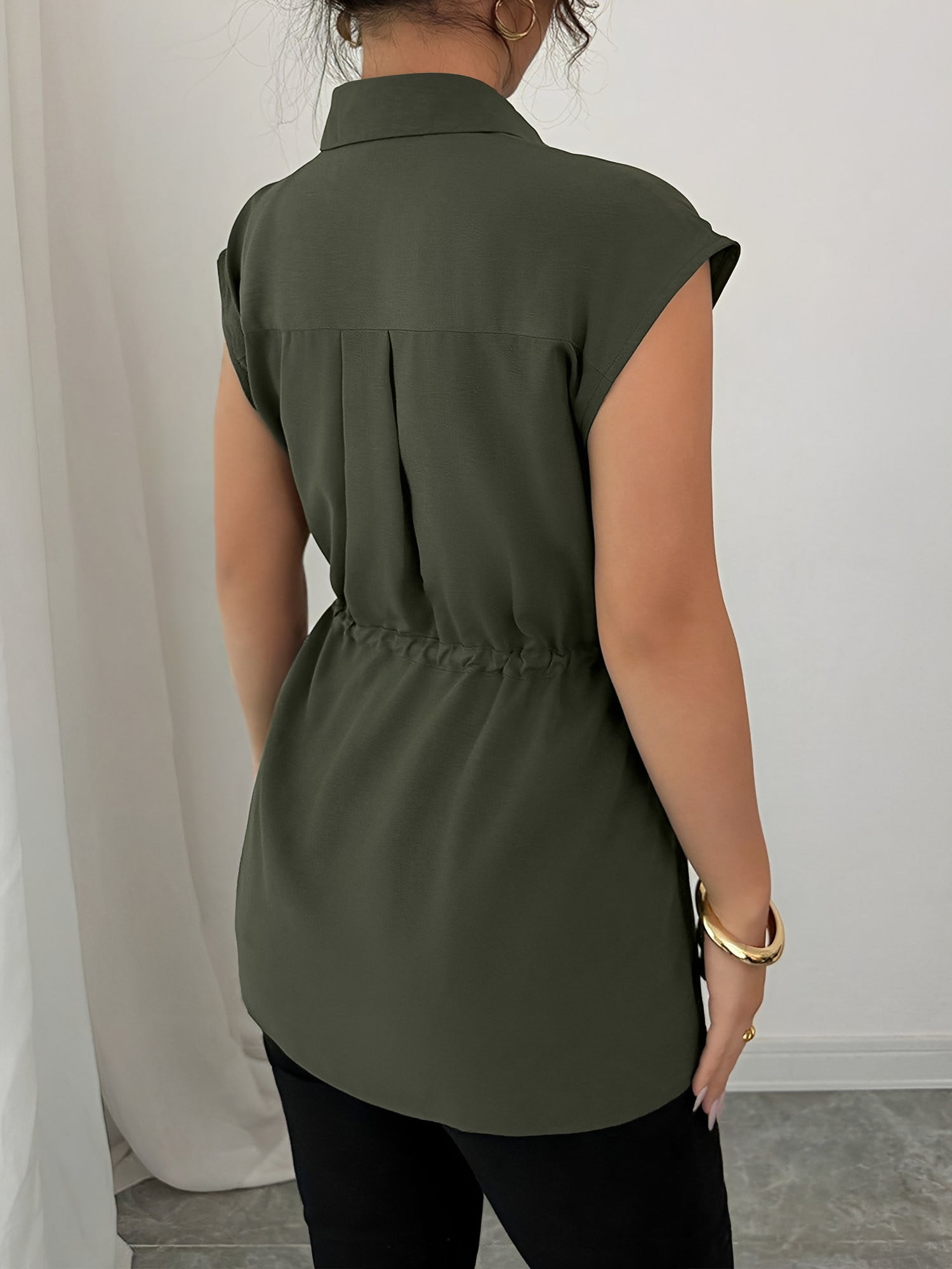 Collared Cap Sleeves Lace-Up Solid Color Blouse