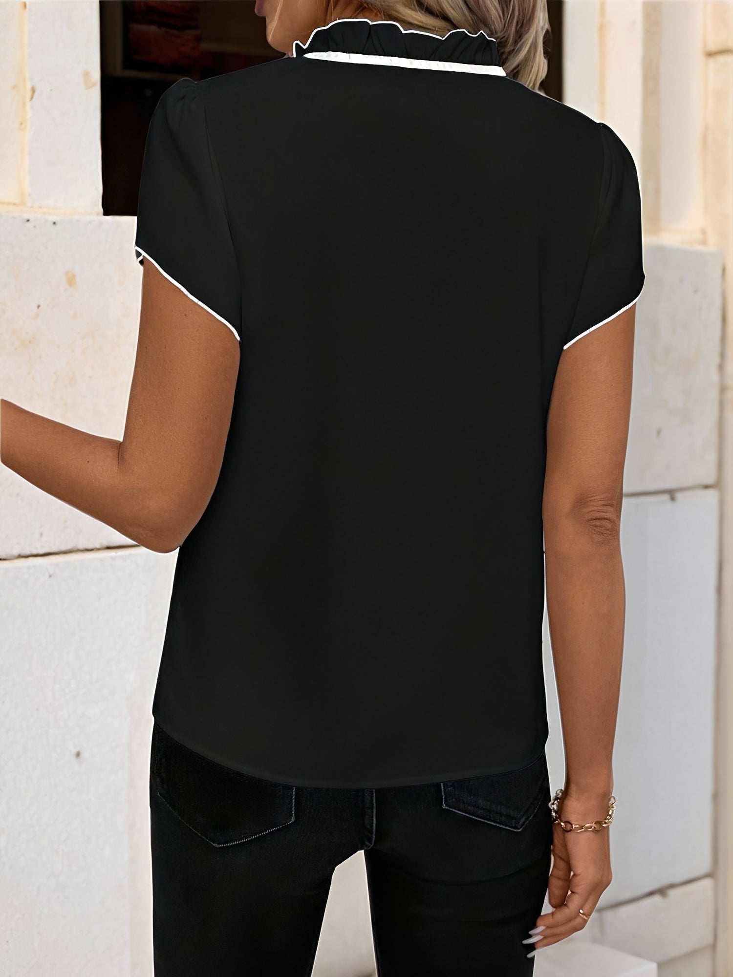 Ruffled Neck Lace-Up Colorblock Short Sleeves Blouse