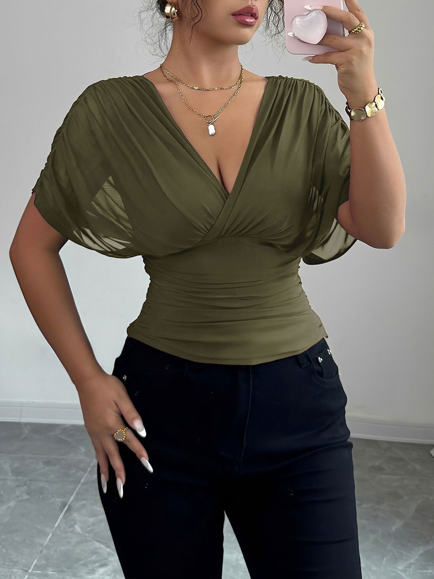 Ruched Smocked Waist Backless Lace-Up Blouse