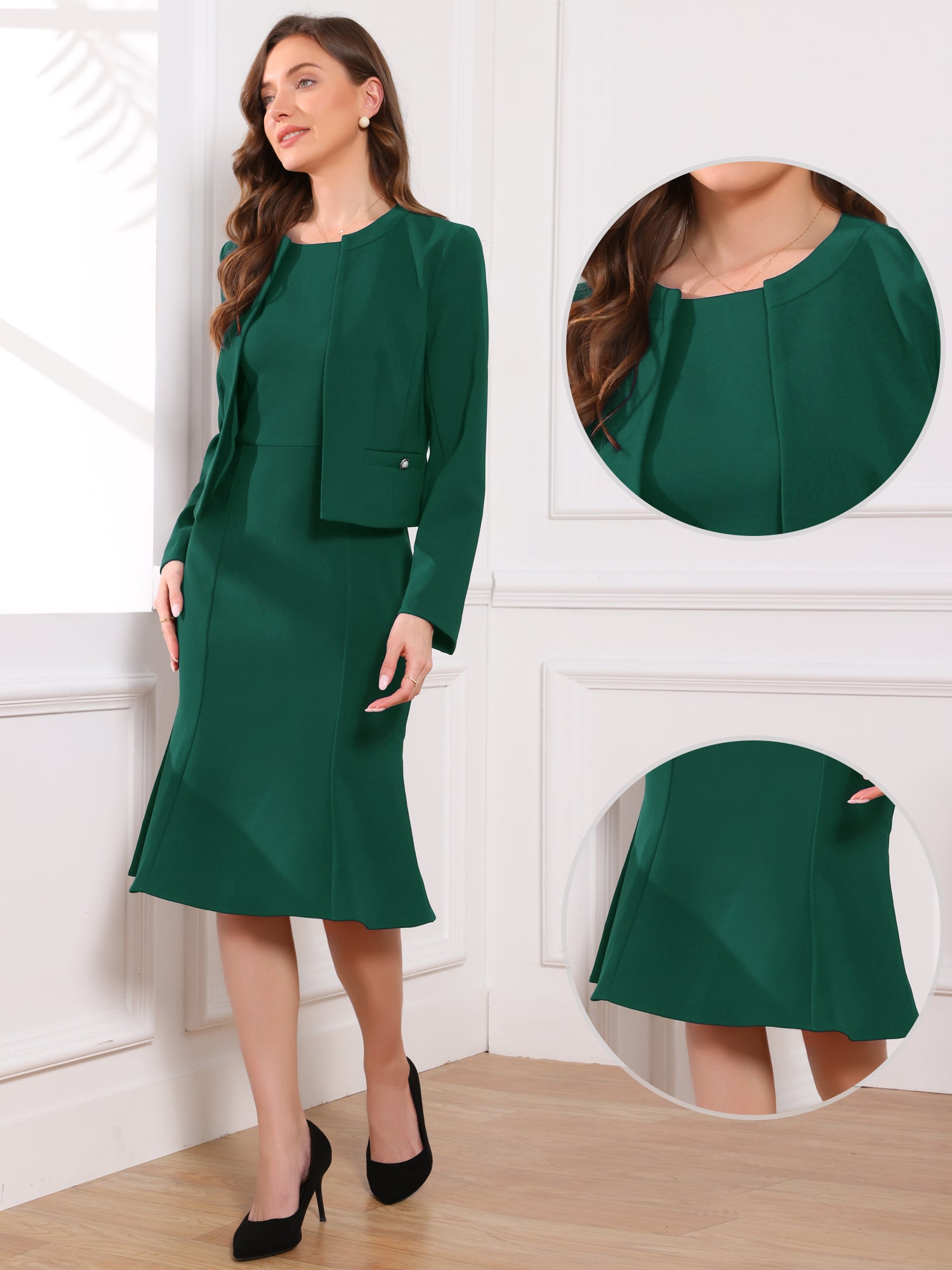 2 Pieces Long Sleeves Collarless Jacket & Sleeveless Fishtail Midi Dress Sets