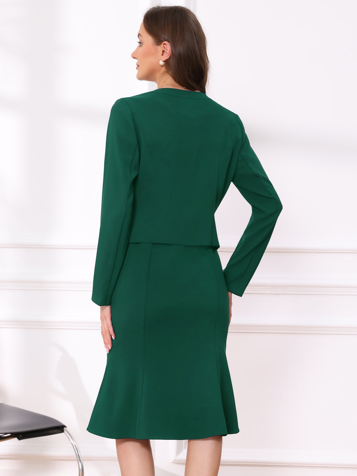 2 Pieces Long Sleeves Collarless Jacket & Sleeveless Fishtail Midi Dress Sets