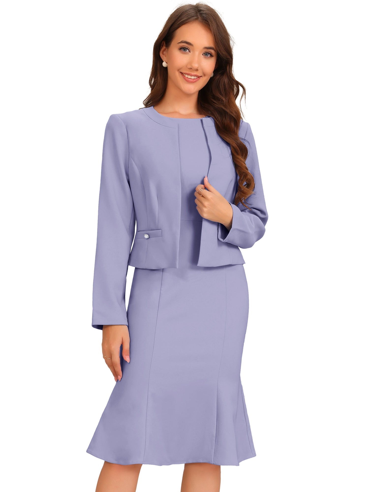 2 Pieces Long Sleeves Collarless Jacket & Sleeveless Fishtail Midi Dress Sets