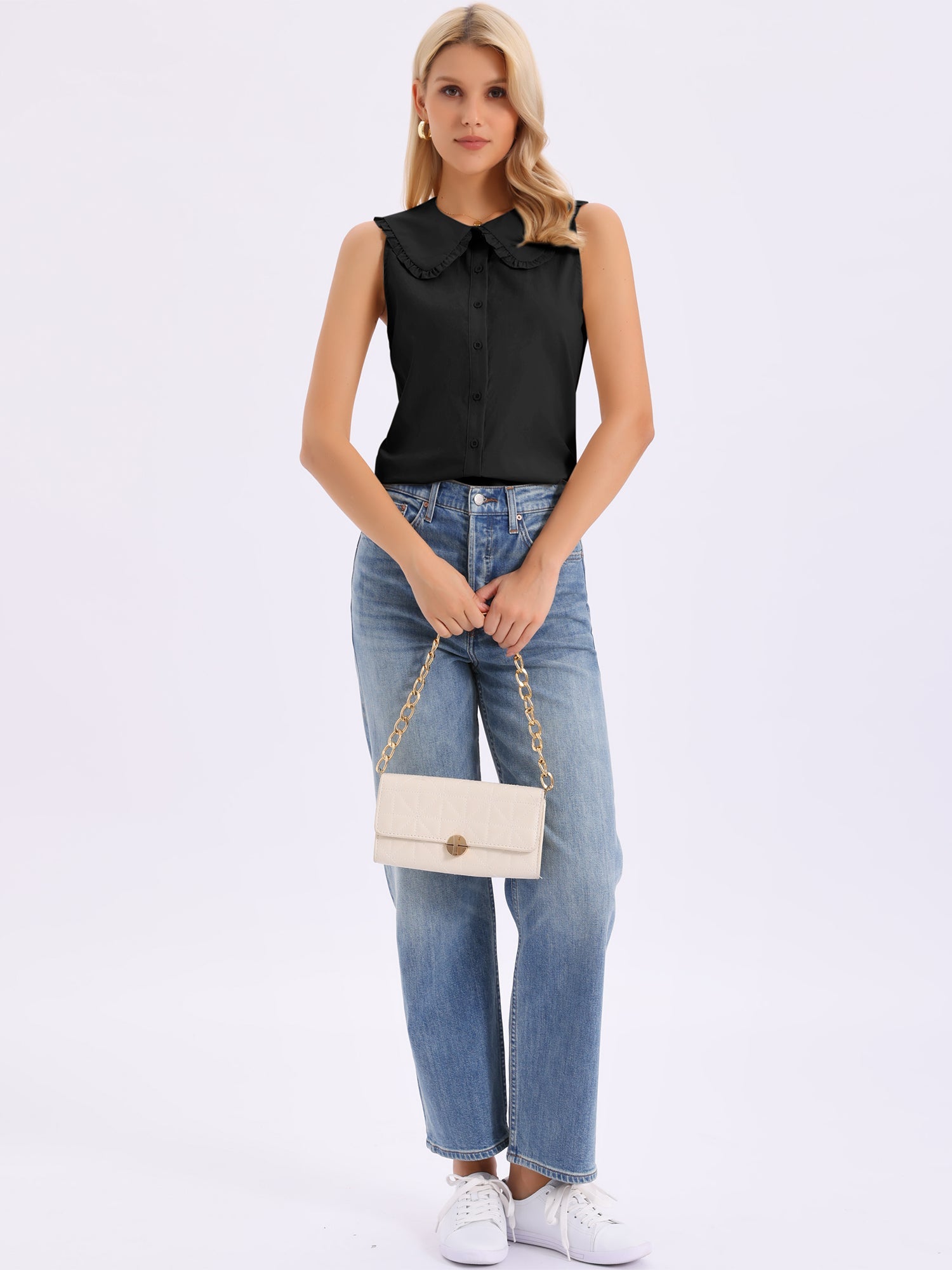 Ruffled Peter Pan Collar Sleeveless Button Down Blouse