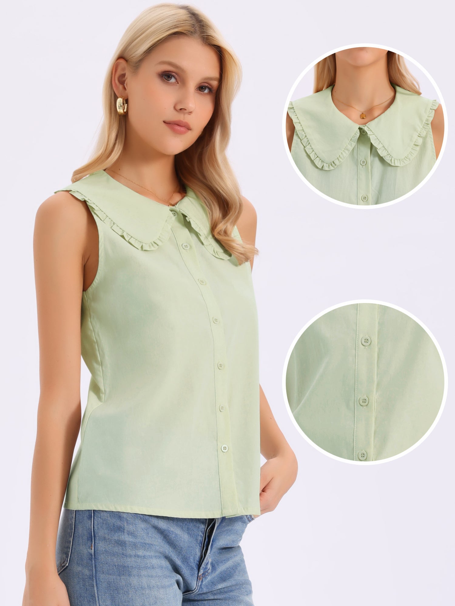 Ruffled Peter Pan Collar Sleeveless Button Down Blouse