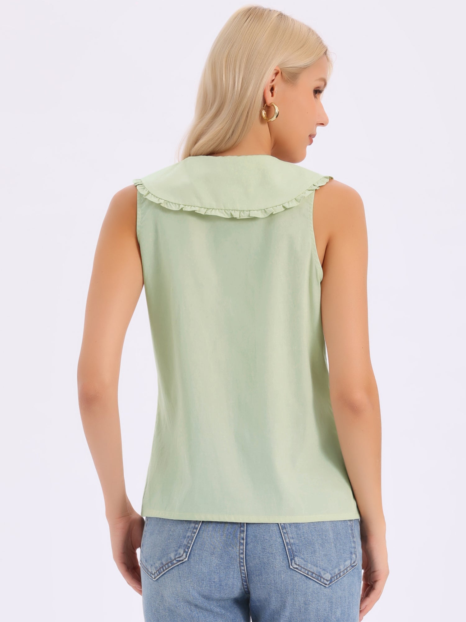 Ruffled Peter Pan Collar Sleeveless Button Down Blouse