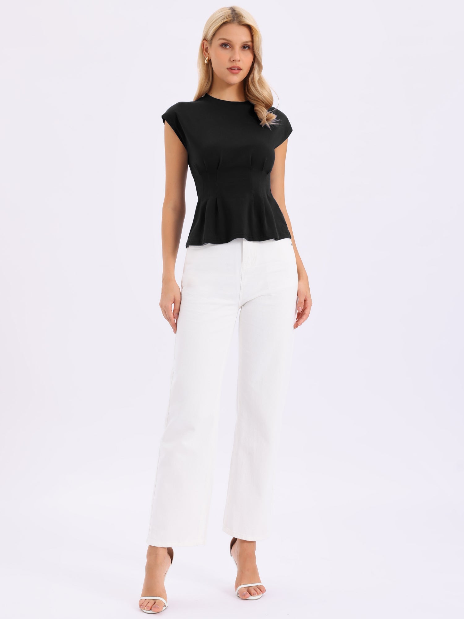 Cotton Cap Sleeve Crew Neck Business Work Peplum Blouse