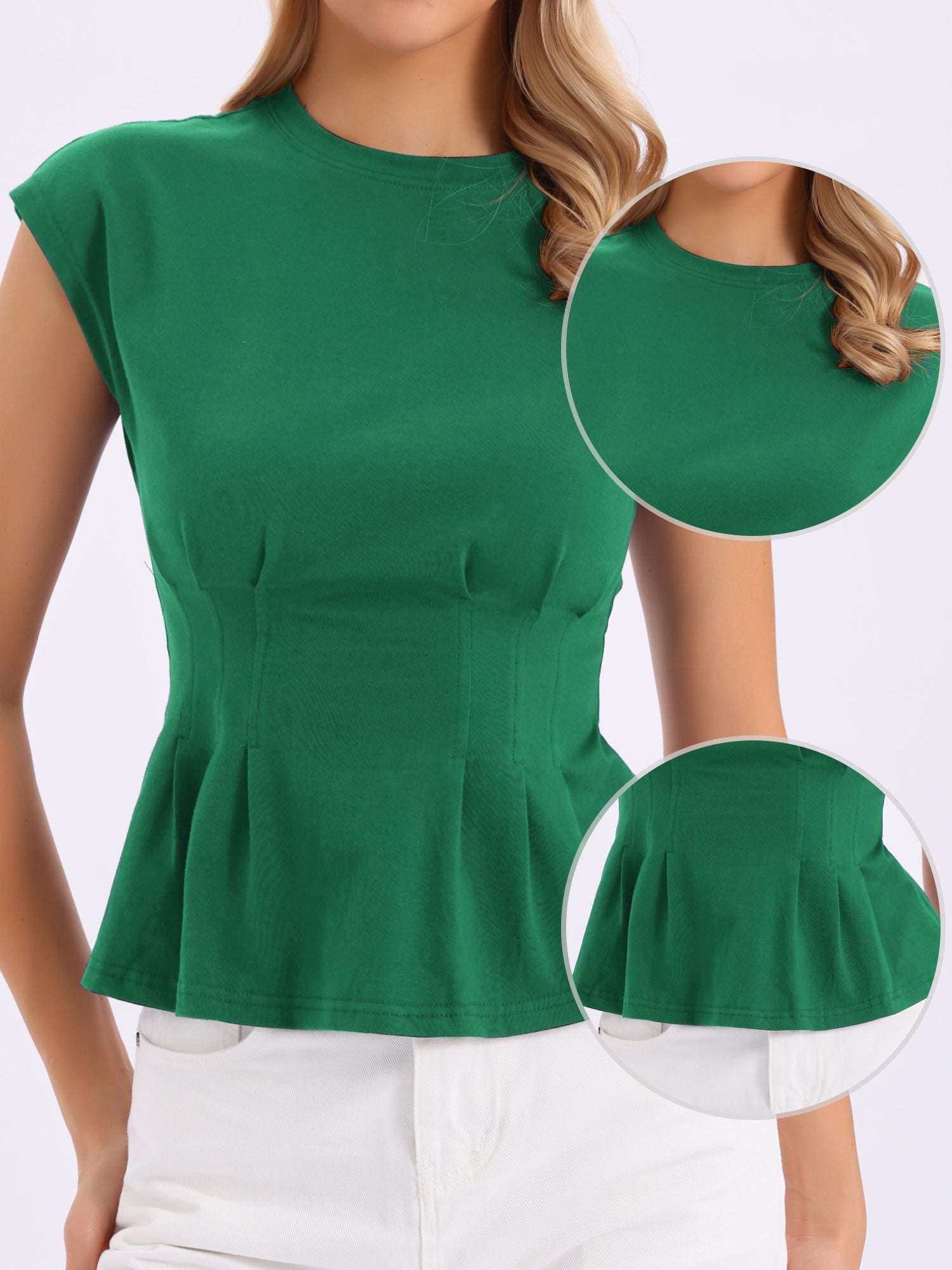 Cotton Cap Sleeve Crew Neck Business Work Peplum Blouse