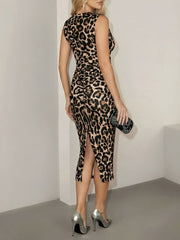 Leopard Print Sleeveless Lace Trim V Neck Bodycon Dress