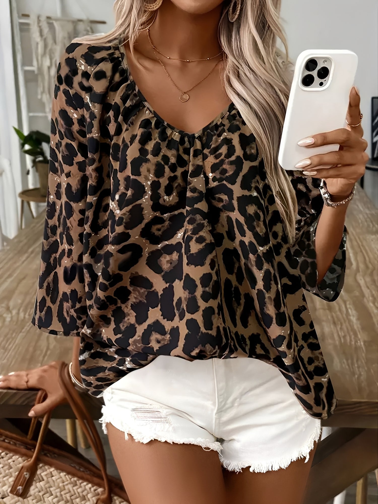 Leopard Print 3/4 Sleeves V Neck Blouse