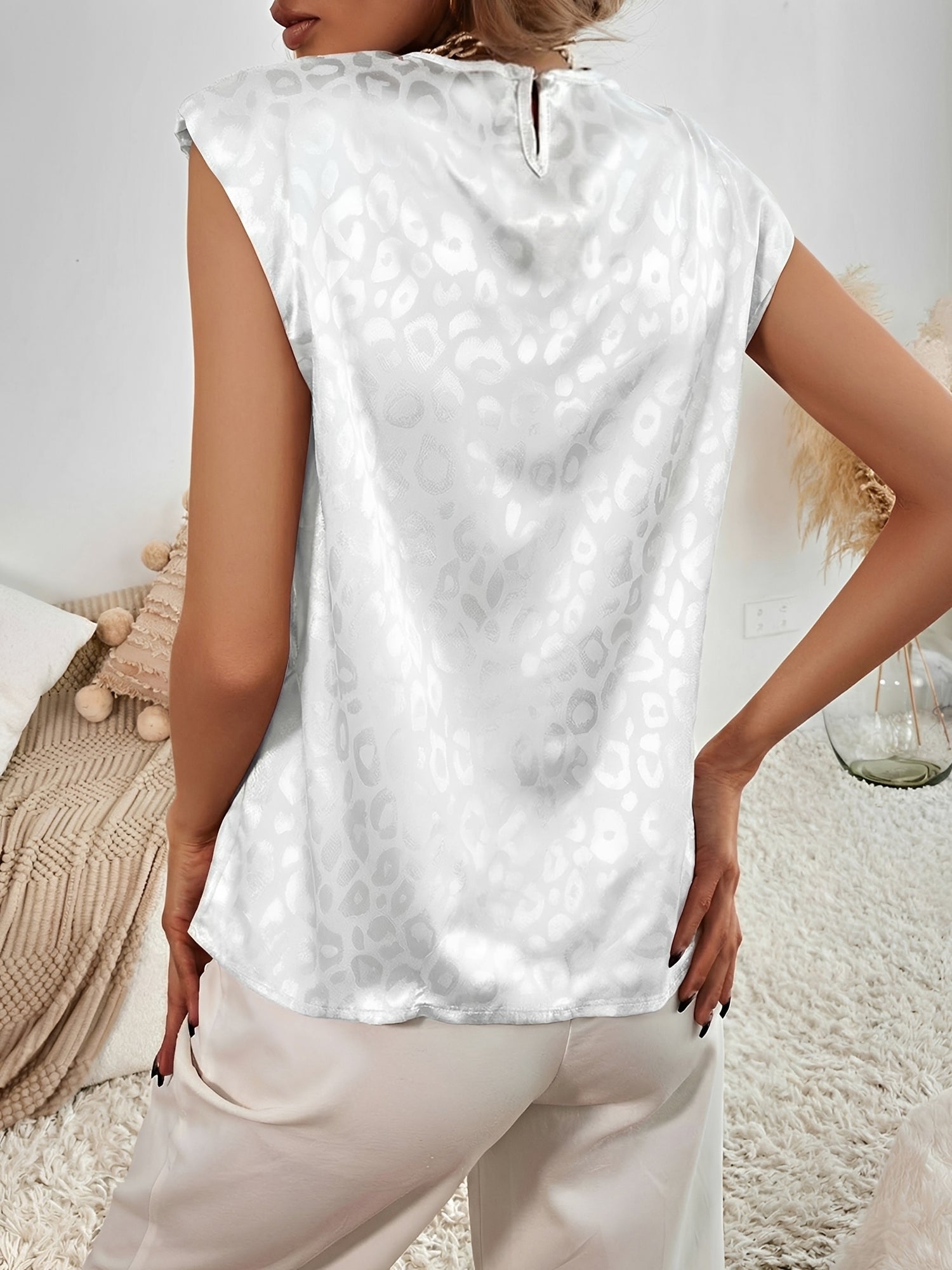 Leopard Print Satin Cap Sleeve Round Neck Blouse