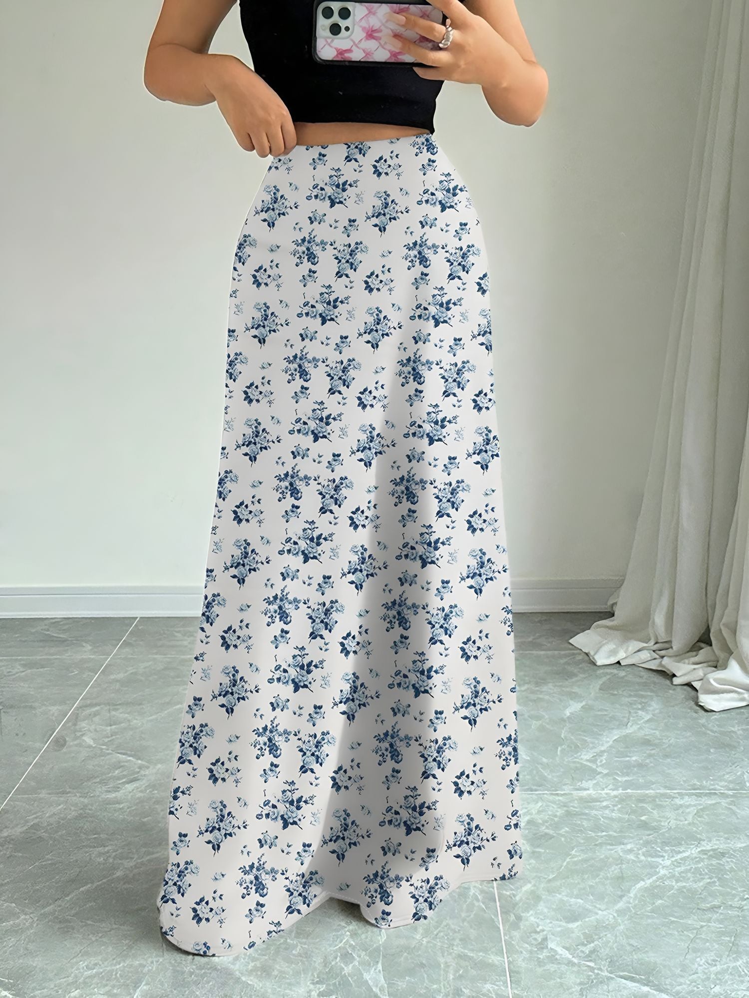 Satin Leopard Floral Elastic Waist Casual Skirt