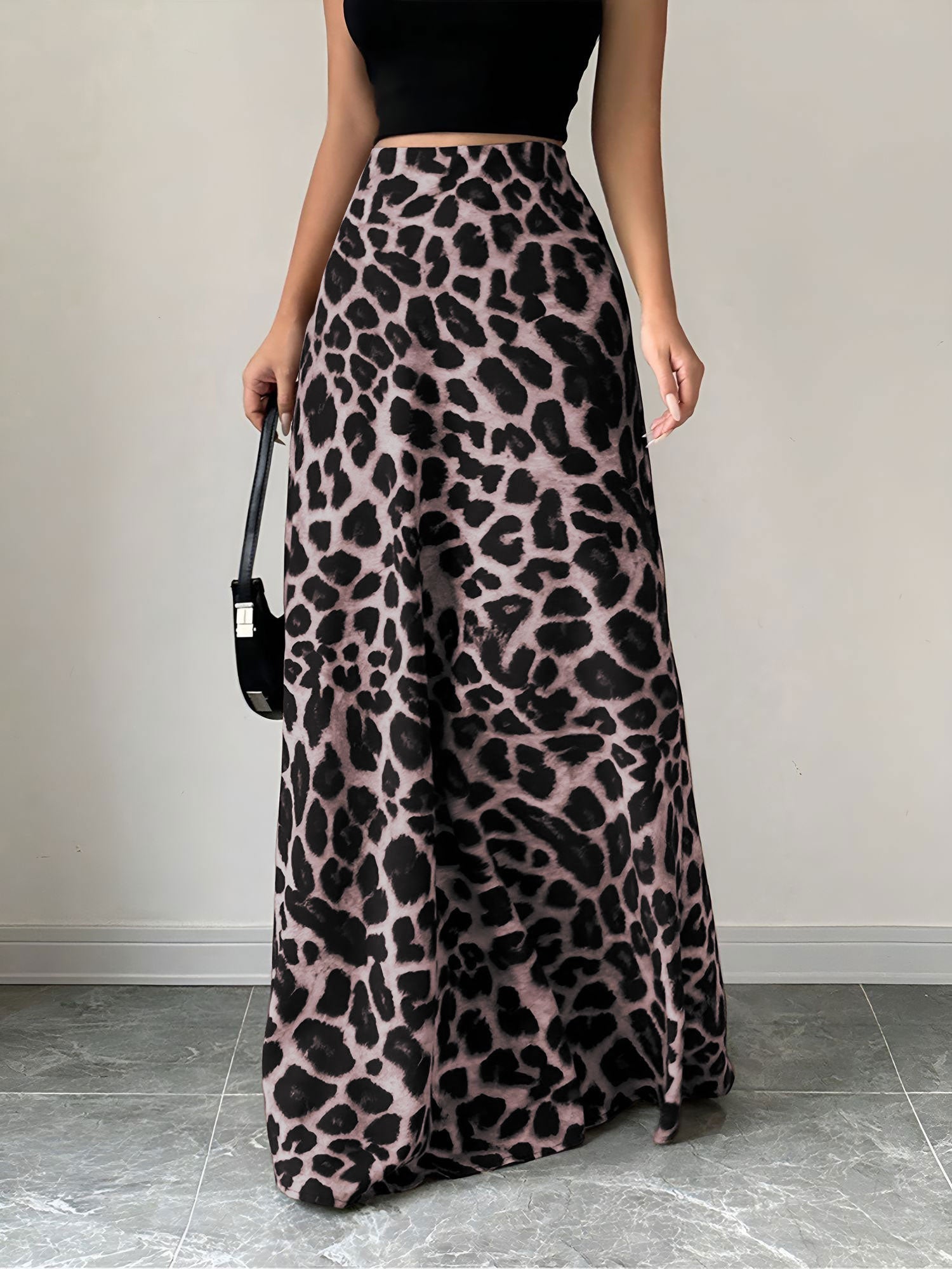 Satin Leopard Floral Elastic Waist Casual Skirt
