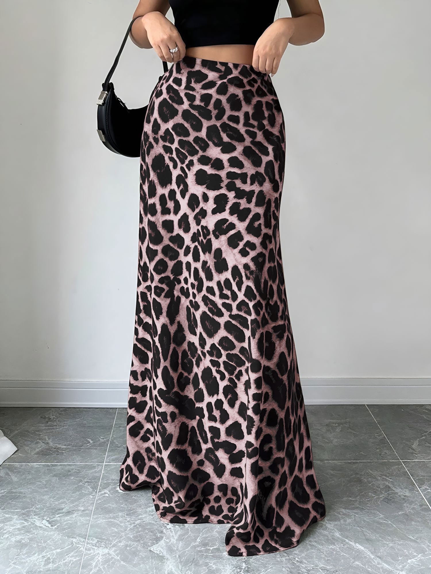 Satin Leopard Floral Elastic Waist Casual Skirt
