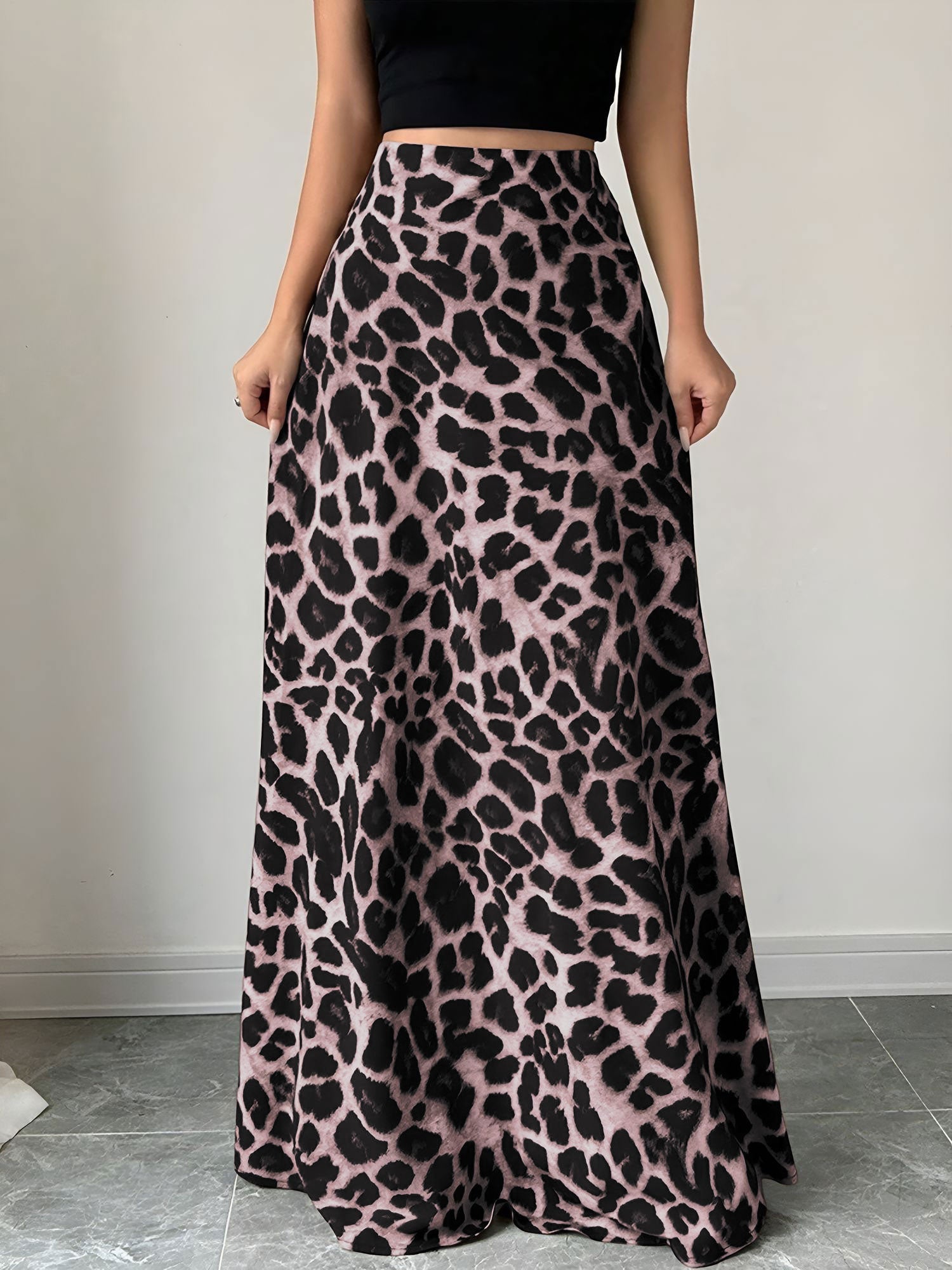 Satin Leopard Floral Elastic Waist Casual Skirt