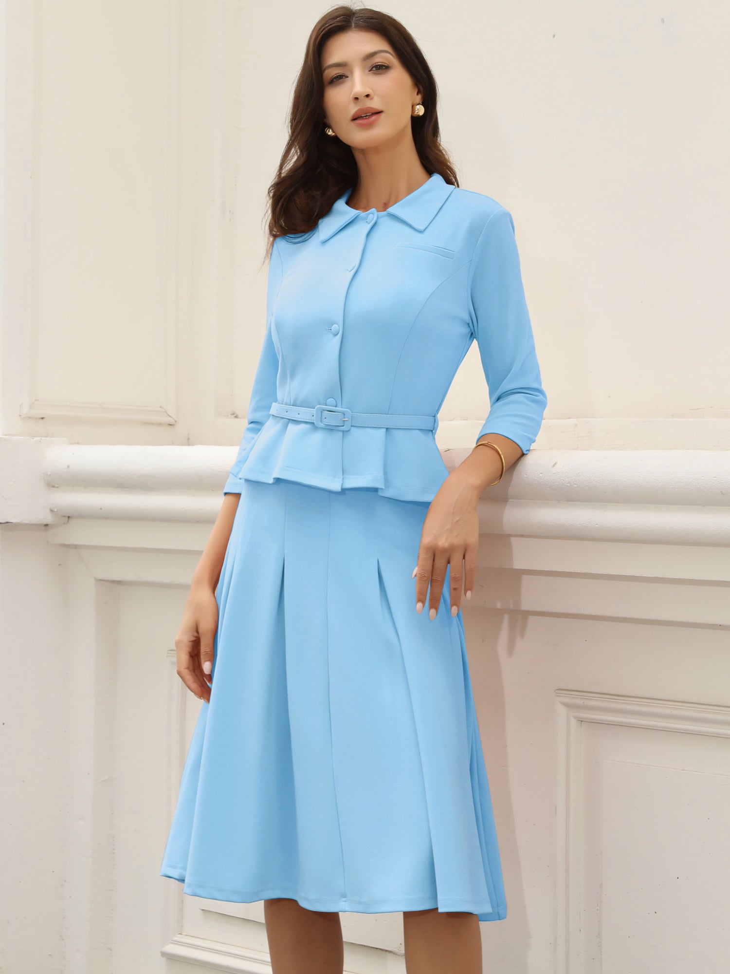 2 Piece 3/4 Sleeve Cropped Belted Blazer and Pleated Skirt Business Suit Sets