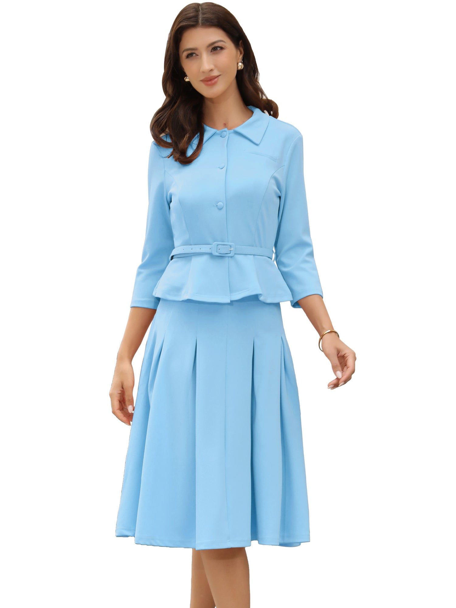 2 Piece 3/4 Sleeve Cropped Belted Blazer and Pleated Skirt Business Suit Sets